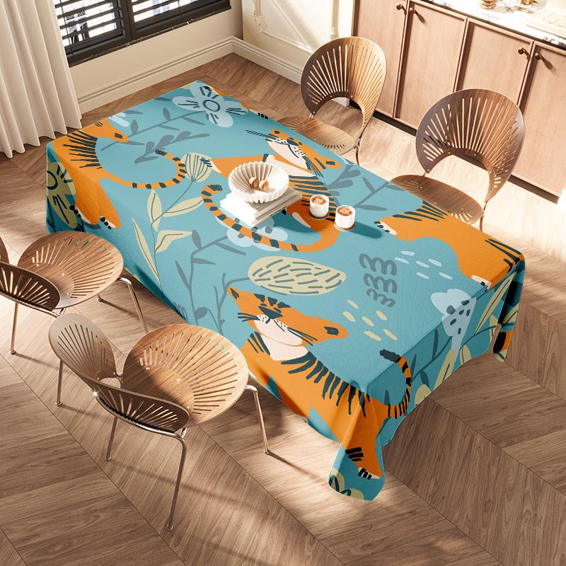 Vibrant Tiger Floral Dining Tablecloth Home Decor with Blue, Yellow, Orange Colors Trees Design 108x72in/274x183cm Fabric Table
