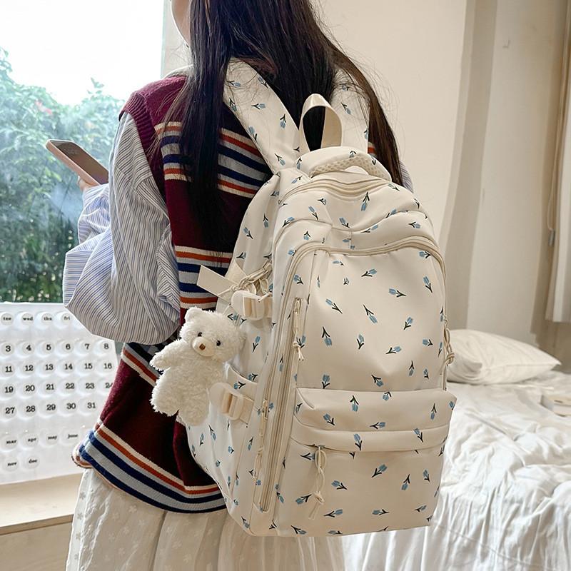 Floral Pattern Nylon Backpack With Large Capacity For Students And Casual Use