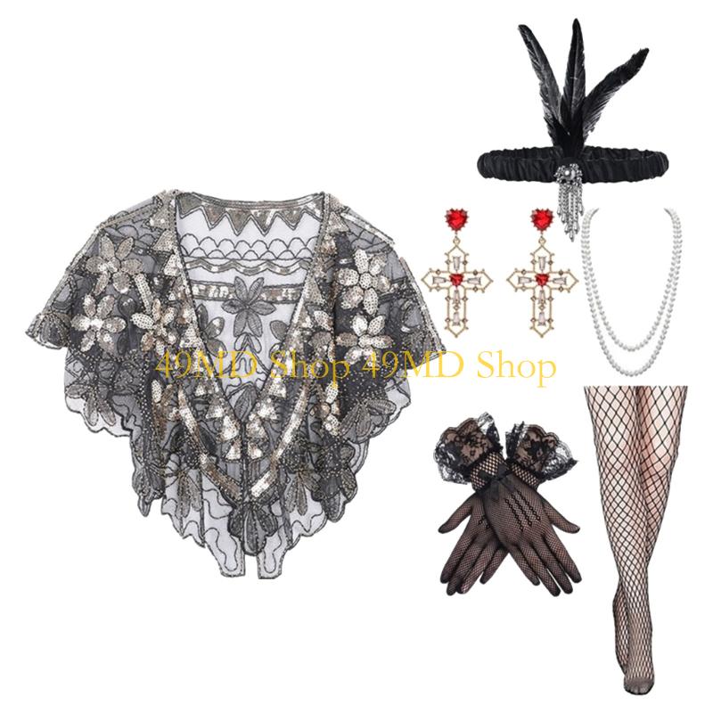 

49MD Women s Roaring 20s Costume Set with Stylish Beaded Necklace Shawl Earrings Accessories for Gatsby Themed Event