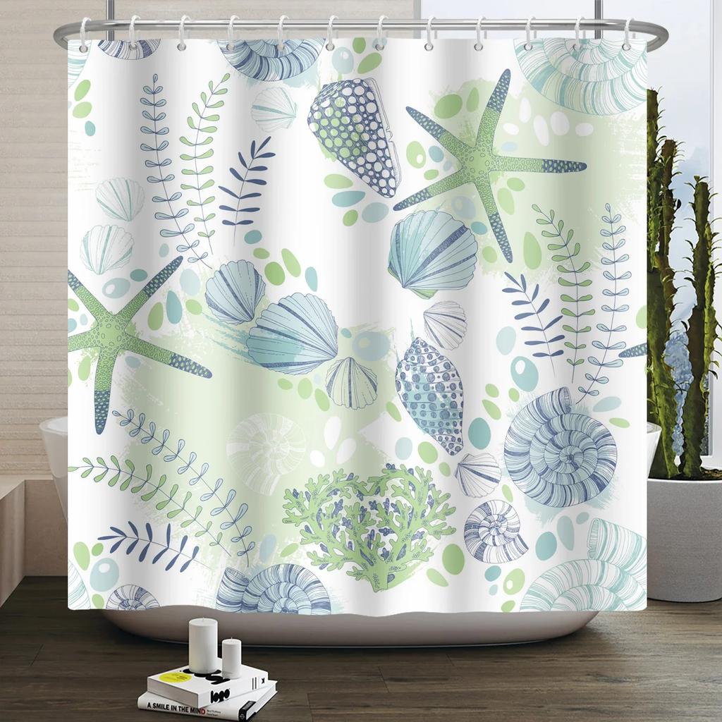 Nautical Coastal Shower Curtain Starfish Coral Seashell Beach Ocean Bathroom Curtain Underwater Marine Waterproof Bath Curtain