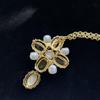 Vintage Gold Cross Pearl Brooch & Necklace - Dual-Use Accessory for Sweaters, Coats, and Suits.