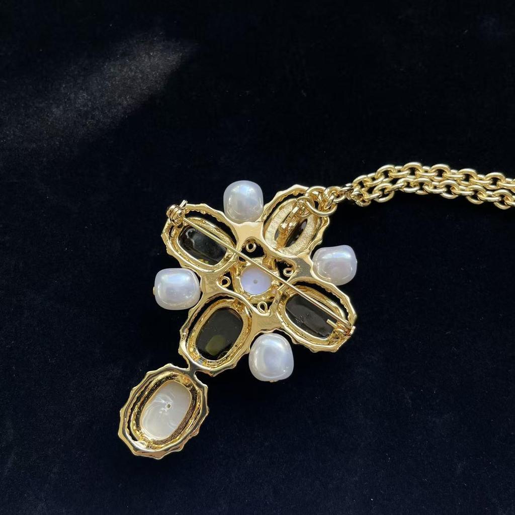Vintage Gold Cross Pearl Brooch & Necklace - Dual-Use Accessory for Sweaters, Coats, and Suits.