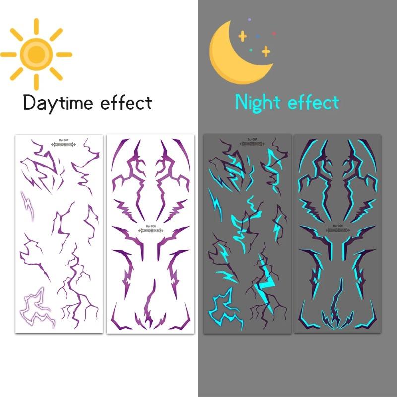 2pcs Glow In The Dark Kpop Gothic Women Face Temporary Tattoos -Cool Blue Purple Lightning & Vein Body Art Waterproof Tattoos