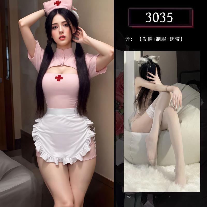 Sexy Lingerie Pure Desire Nurse Uniform Lace Bow Heart Perspective Cos Maid Sexy Suit