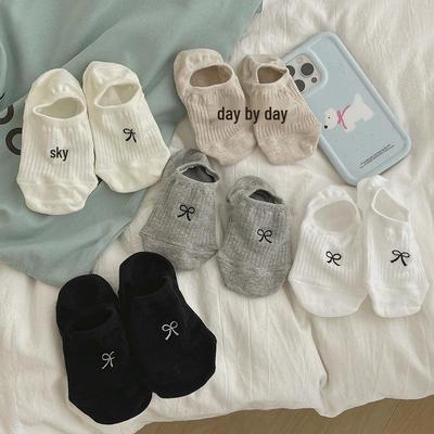 Spring/Summer Bow Embroidered Non-Slip Cotton Boat Socks - Invisible, Solid Color, Low-Cut 