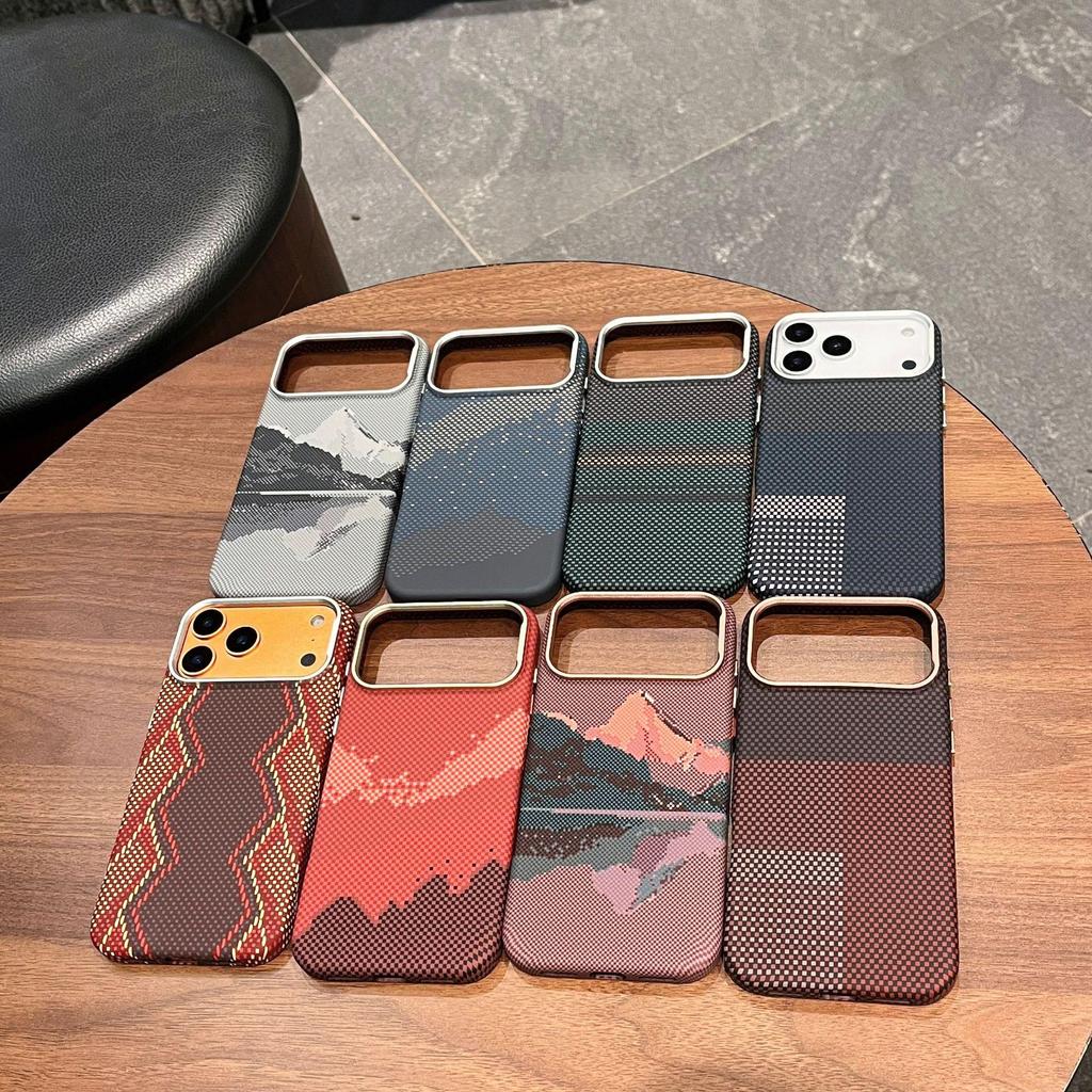 Sunset Golden Mountain Carbon Fiber Magnetic Case for iPhone 17 Pro Max - Full Coverage Metal Lens Protection