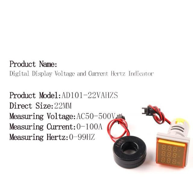 Square Digital Voltmeter Ammeter Hertz  22mm AC50-500V 0-100A 0-99Hz Amp Volt Hertz Voltage Tester Meter LED Pilot Lamp Light