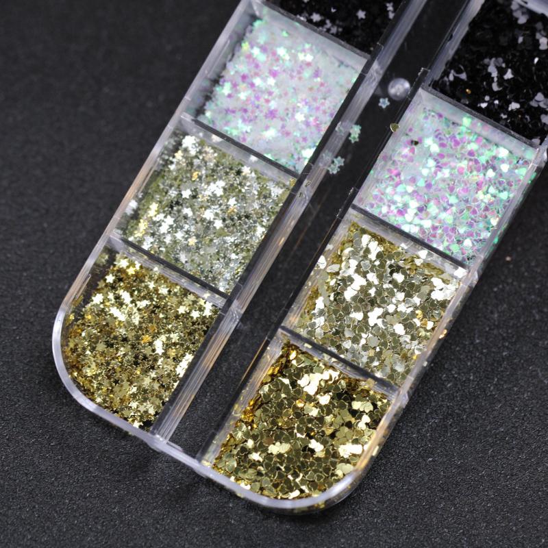 12 Grids Mini Mixed Star Heart Nail Art Glitter Sequins Sparkling Nail Sequins 3D Glitter Holographic Laser Nail Art Charms Diy