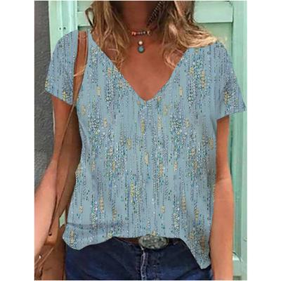 Women's T-shirt Summer Gradient Graphic Printing Blouse V-neck Fashion Women's Retro Clothing Floral Printing T-shirt Women's Clothing