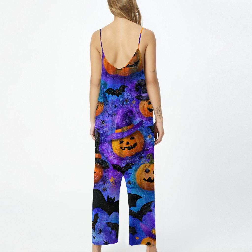 Women Halloween Printed Loose Jumpsuit Casual Sleeveless Wide Leg Romper Comfortable Fit for Seasonal Wear