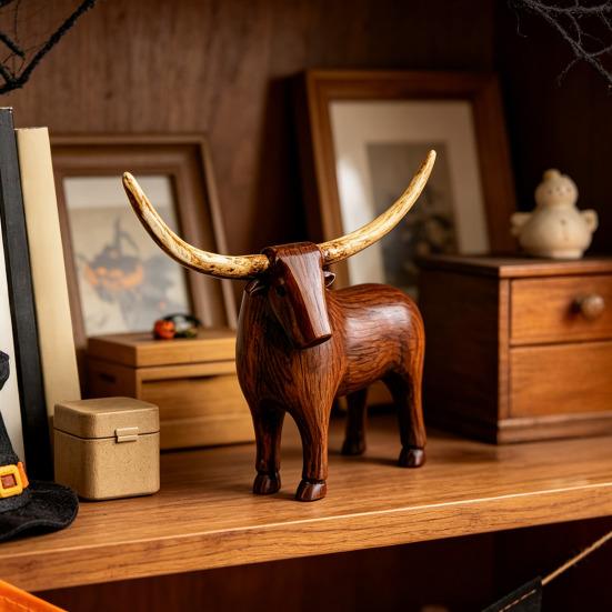 Neutral Retro Living Room Decor Vintage Longhorn Bull Sculpture, Rustic Farmhouse Animal Figurine, Western Style Pastoral Shelf Display Decorative
