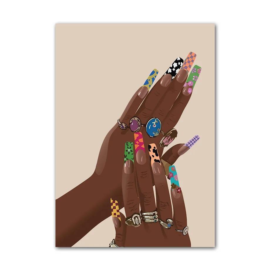 Black Art Fashion Hip Hop Girl Manicure Jewelry Lips Poster African Black Woman Beautiful Nails Painting Pictures Living Room Beauty Salon Decor