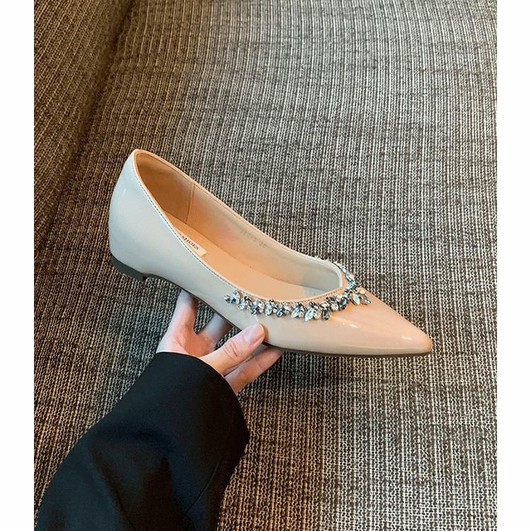 Cowhide version~ French evening wind inner height increase 4cm rhinestone pointed versatile flat Mary Jane single shoes shallow commuter shoes