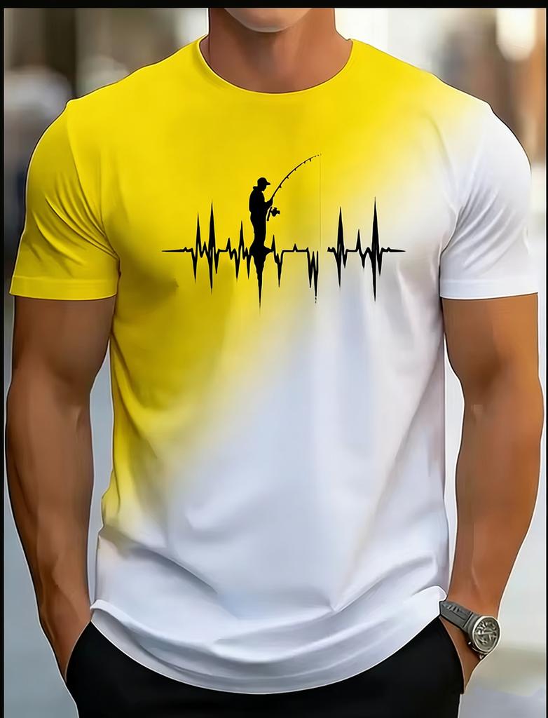 New Men's Casual Gradient Fishing Pattern 3D Print Short Sleeve T-shirt Summer Breathable Sports Outdoor Fishing Enthusiasts Top