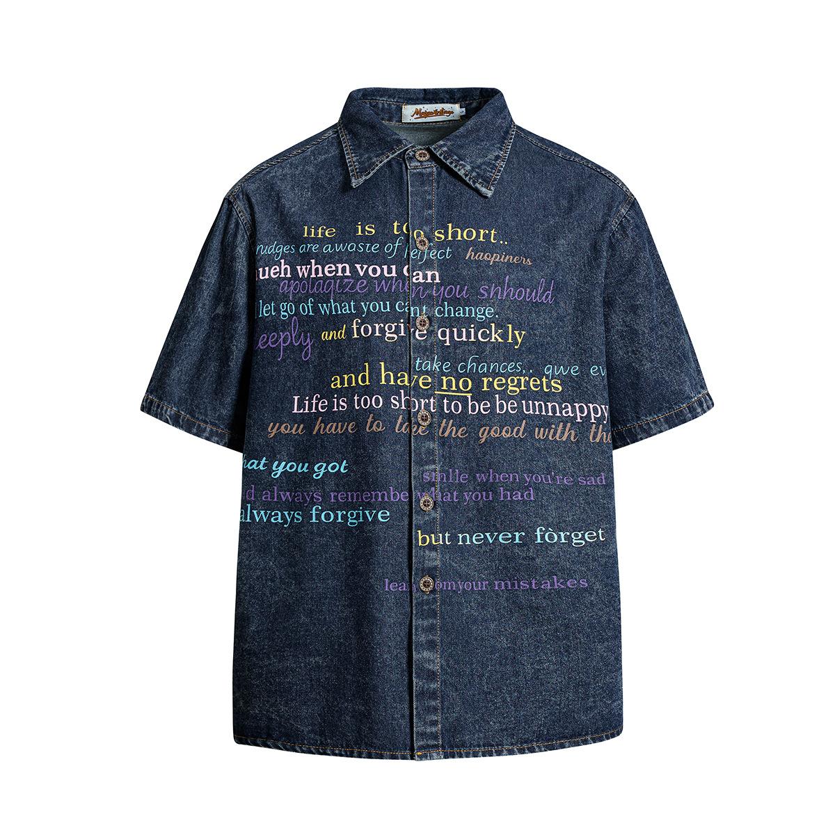 American retro washed denim shirt short-sleeved jacket lapel tooling shirt men s M