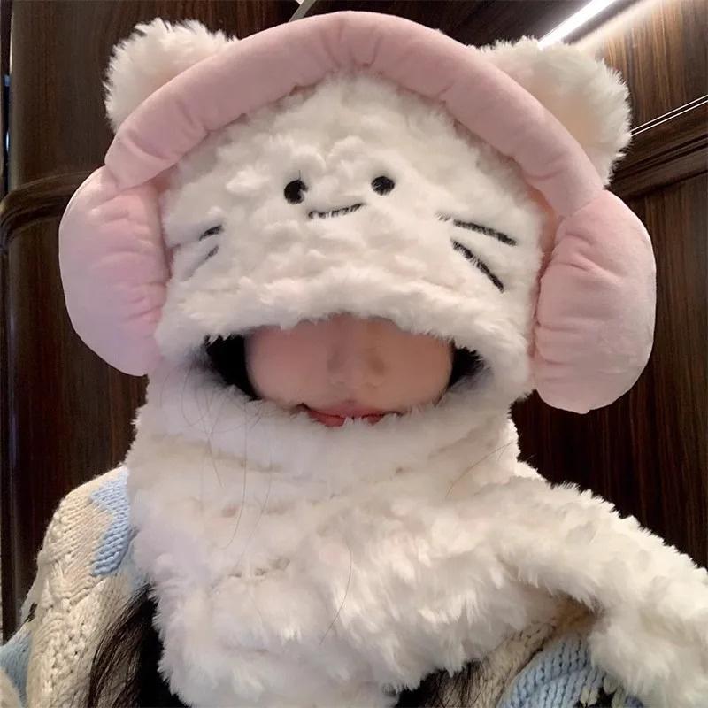Căști coreene 3 în 1 capace femei pufoase de pluș calde urechi de pisică cu glugă eșarfă cu clapetă pălărie mănuși mănuși desene animate pisică cald iarna