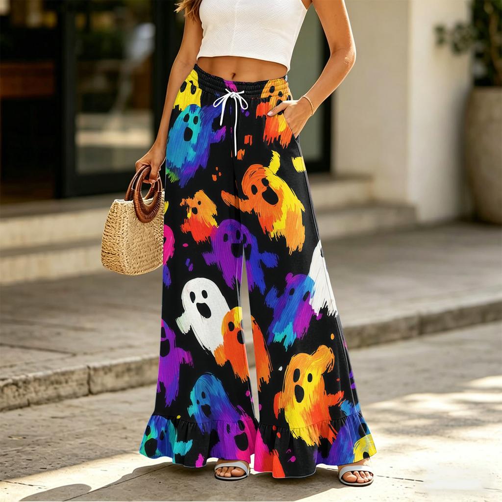Women's High Waist Drawstring Wide Leg Pants with Pockets Halloween Print Loose Casual Trousers