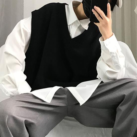 Men Sweater V Neck Solid Color Sleeveless All Match Spring Sweater for School