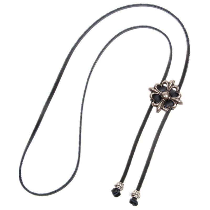 Mens Metal Cross Flower Pendant Cowboy Bolo Tie Western Artificial Leather Rope Necktie Jewelry Shirt Chain Necklace