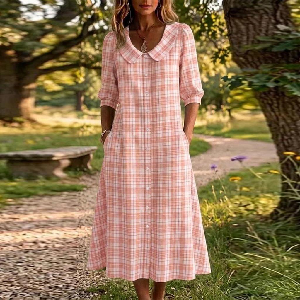 Women's Short Sleeve Plaid Dress - Lapel Collar Single Breasted Casual Button Down Dress