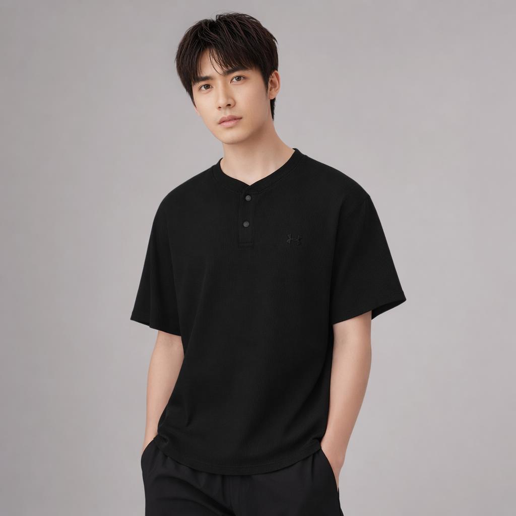 Under Armour Waffle Henley Logo Drop Shoulder Short Sleeve T-Shirt Men T-Shirts Black 6007562-001
