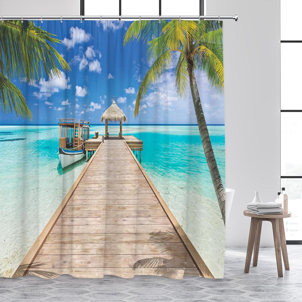 Strand Duschvorhänge Blaues Meer Insel Kokospalmen Tropisch Hawaii Natur Landschaft Badezimmervorhang Dekor mit Haken