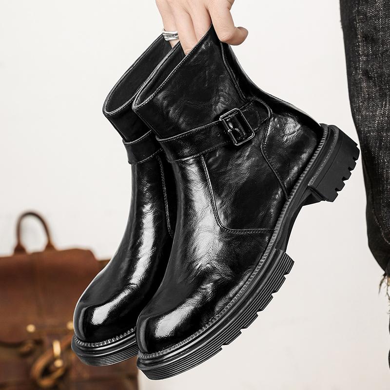 Fashion Leather Boots Slip On Ankle Boots High Top Heels For Men Casual Platform Chelsea Boots Men's Wedding Shoes Winter