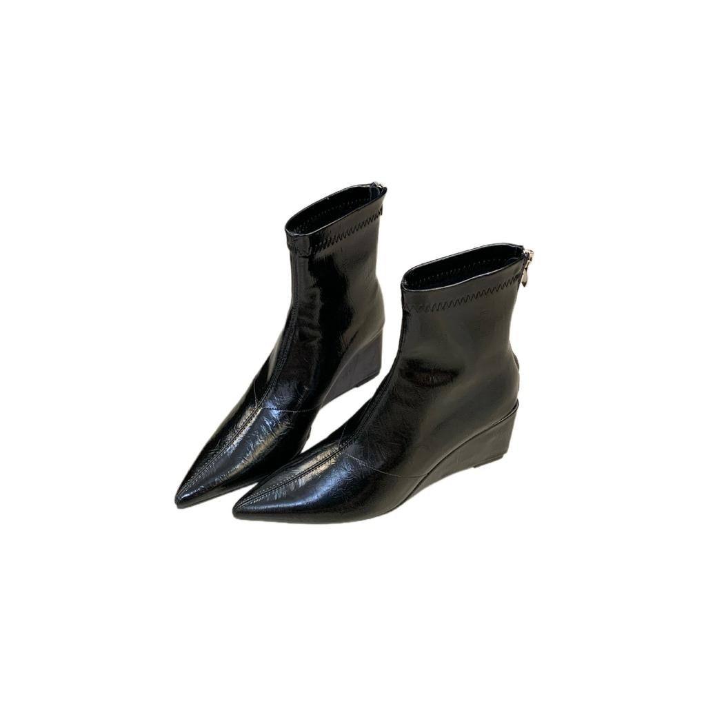 European and American Fashion Pointed Wedge Heel Thin Boots French Temperament Versatile High Heel Elastic Rear Zipper Women's Boots Show Thinness and