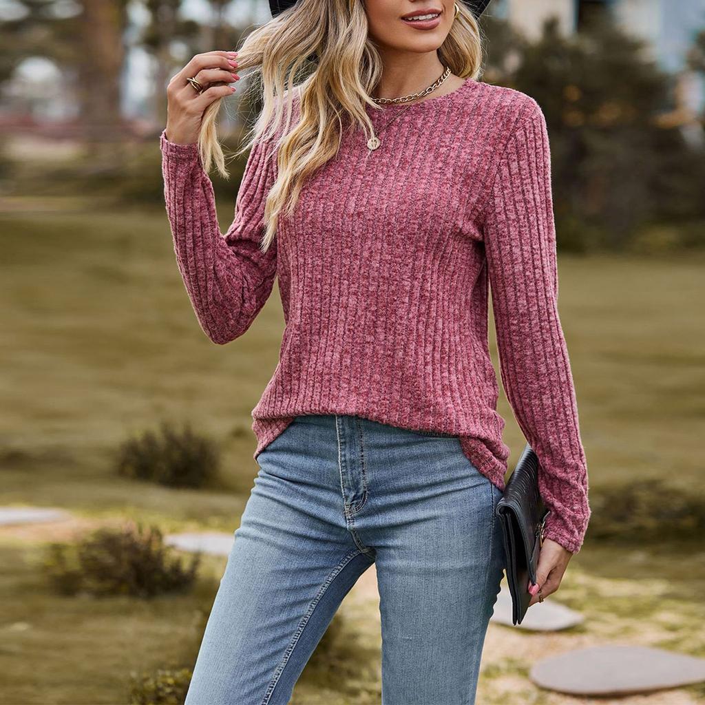 Women Fashion O Neck Long Sleeve Tops Knitted Ribbed Color Spring Blouse