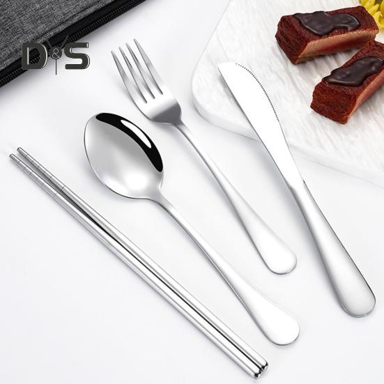Stainless Steel Cutlery Set 4-Piece Retro Tableware Fork Spoon Chopsticks Knife with Storage Bag Mirror Polished Dishwasher Safe Cutlery Set for Home