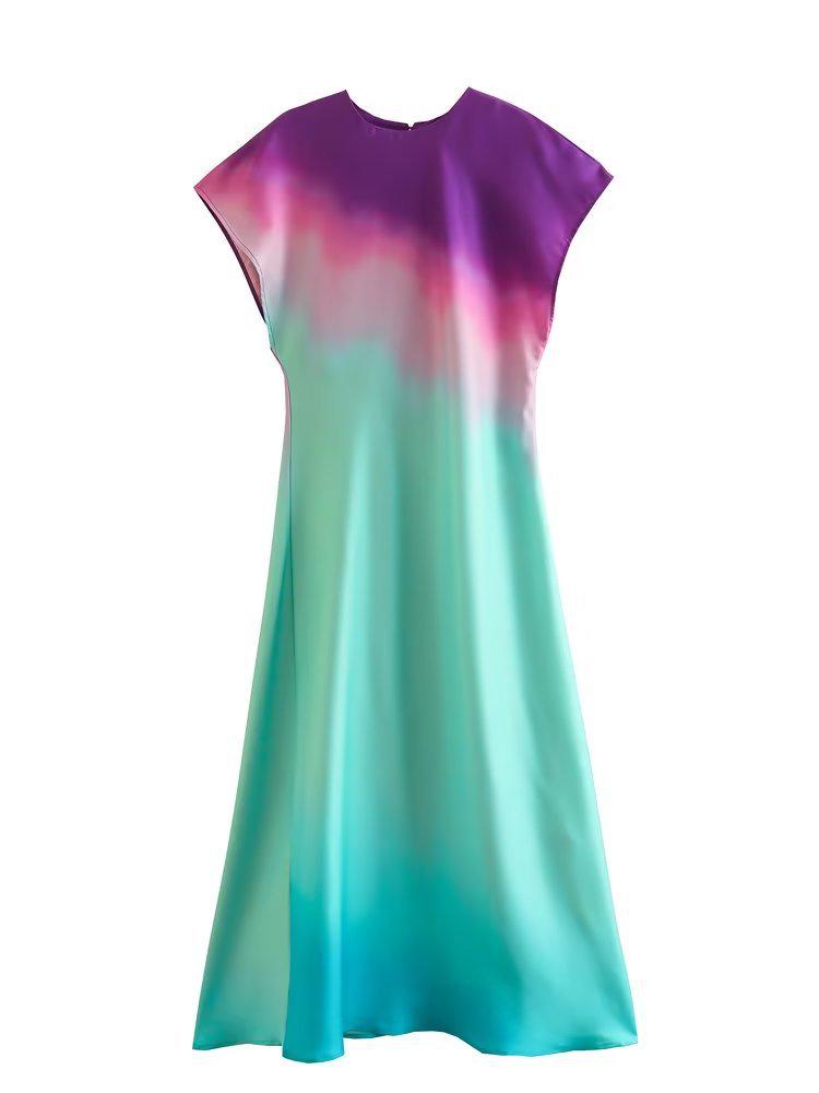 

2023 Summer Southeast Asian Tie-dye Short Sleeve A-line Dress for Women XS фіолетовий
