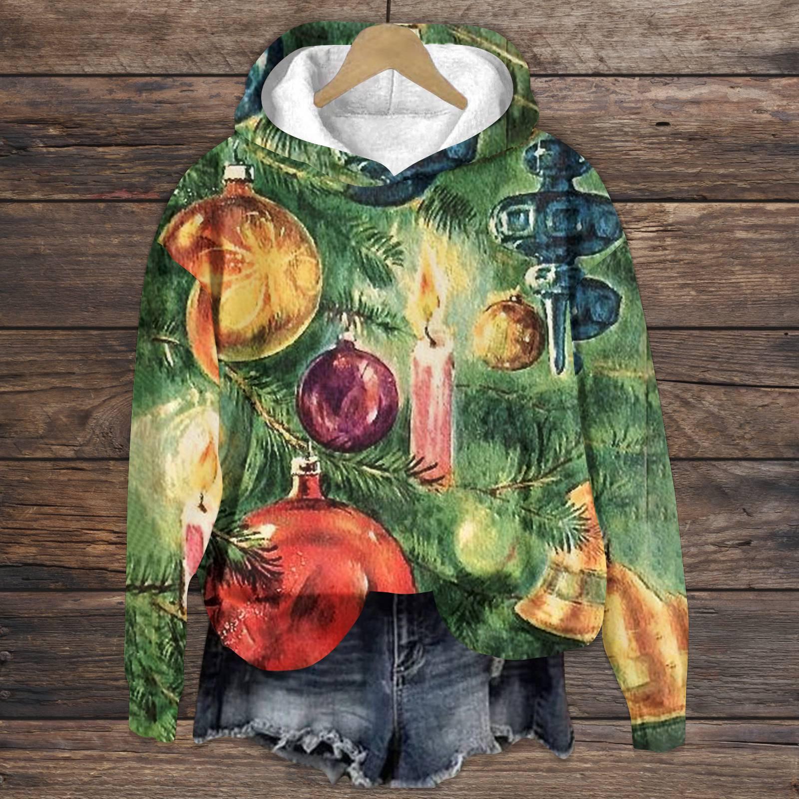 

Женская повседневная мода рождественский принт длинный рукав O-образный вырез пуловер толстовки XL зелёный