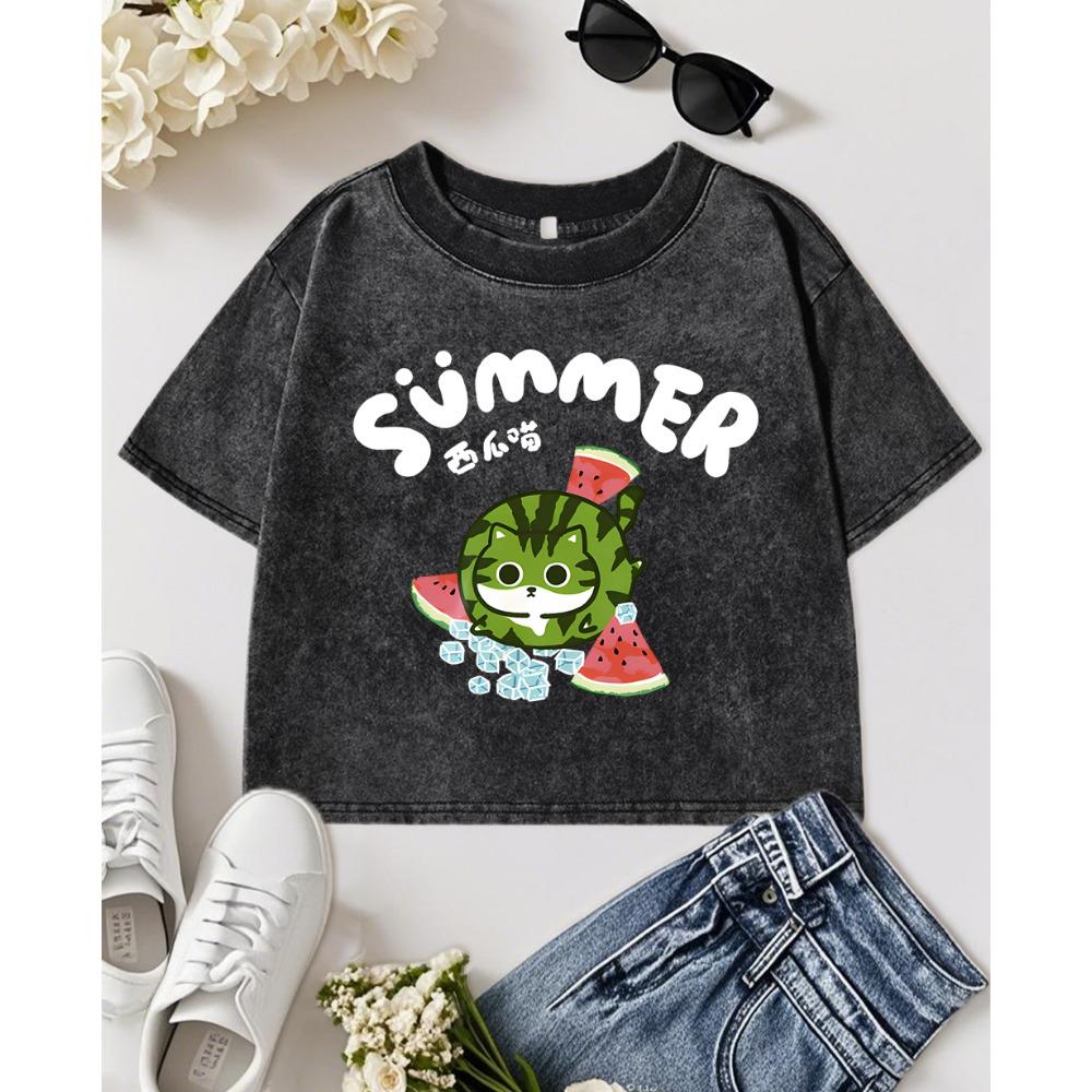 Summer Watermelon Cat Prints Washed Slim T Shirt Women Y2K Crewneck Short Sleeve T-Shirt Female Soft Clothing
