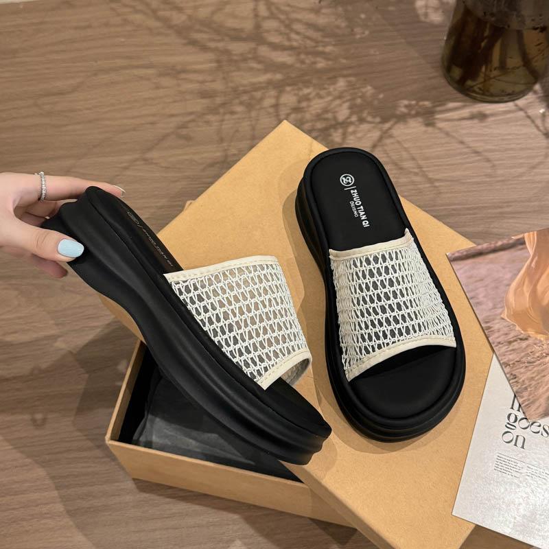 Spring and Summer New Outer Wear Women's Shoes Casual Versatile Mesh One-word Drag Muffin Thick Bottom Comfortable Cool Slippers