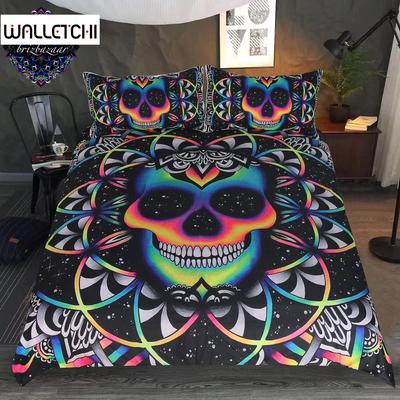 Bedding Set Colorful Skull Bedding Black Neon Skeleton Bed Cover 3 Piece Galaxy Duvet Cover Gothic Bedspread