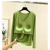 With Chest Pad Modal Long Sleeves Shirt Women Autumn Loose V-neck All-Match Casual Bottoming Shirt Thin Plus Size Top