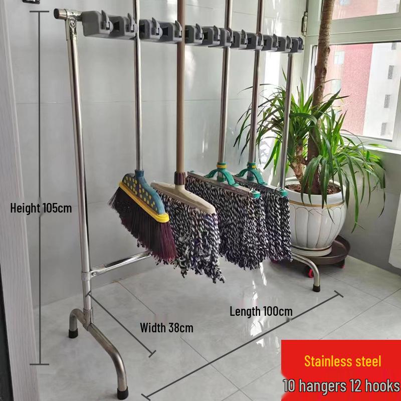 Movable Stainless Steel Mop & Broom Hanger - Floor-Standing Punch-Free Storage Rack for Balcony & Bathroom