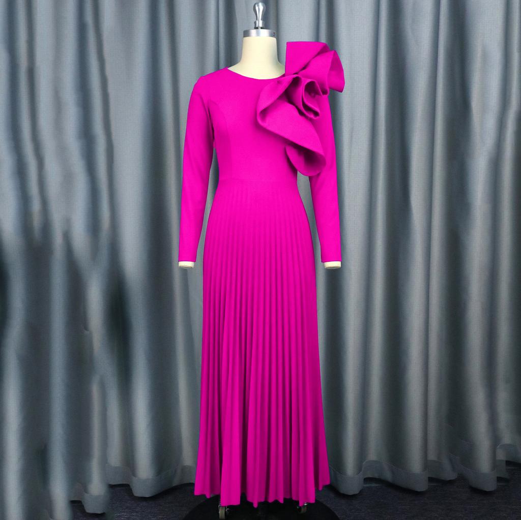 Elegant Women Long Dresses Autumn New Plus Size O Neck Ruffles Long Sleeve Pleated Party Dress
