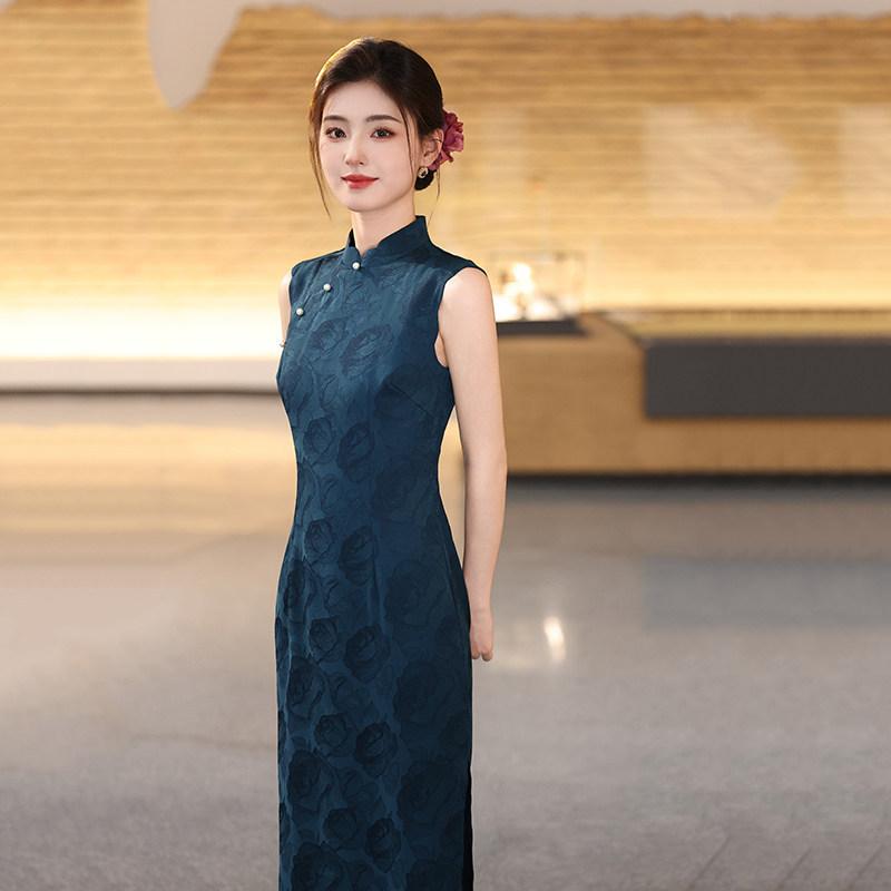 Blue sleeveless national style new Chinese style Suzhou long cheongsam improved young 1011 new women's high sense daily