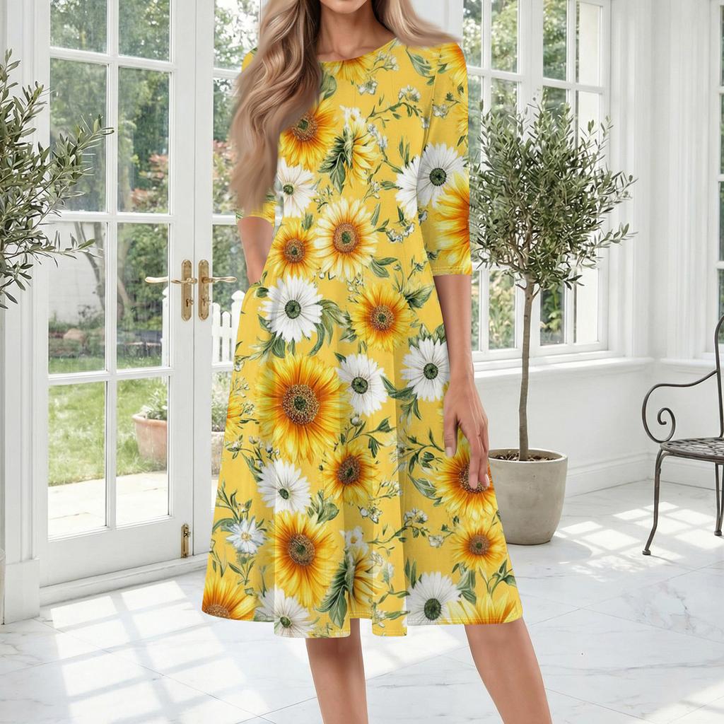 Women's Casual Fashion Round Neck Three Quarter Sleeve Printed Midi Dress