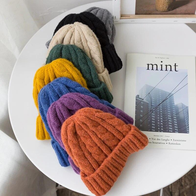 Neue Candy Farben Gestrickte Hüte Für Frauen Kpop Stil Twist Woolen Beanie Hut Herbst Und Winter Weibliche Kappe Halten Warme winter Hut