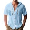 Men's Summer Solid Color Pockets Cotton Linen Short Sleeve Button Hooded