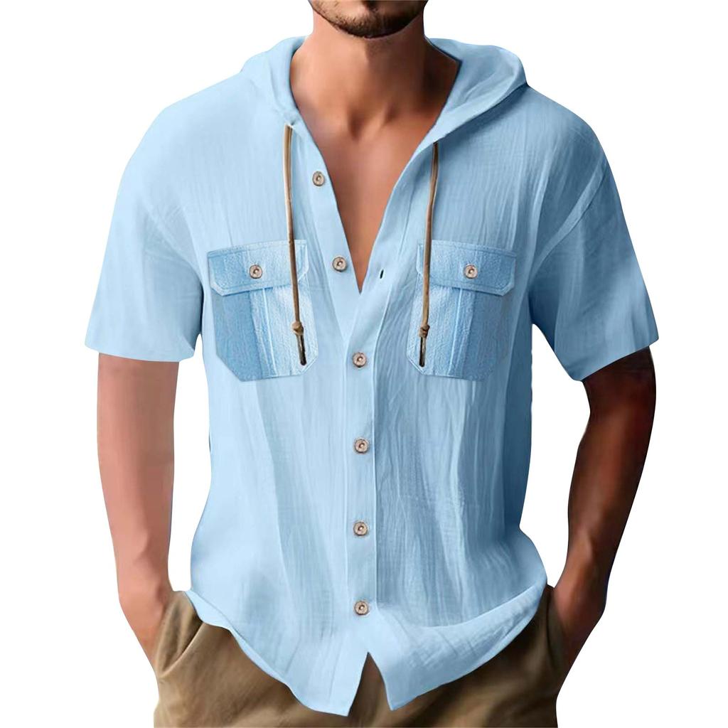 Men's Summer Solid Color Pockets Cotton Linen Short Sleeve Button Hooded