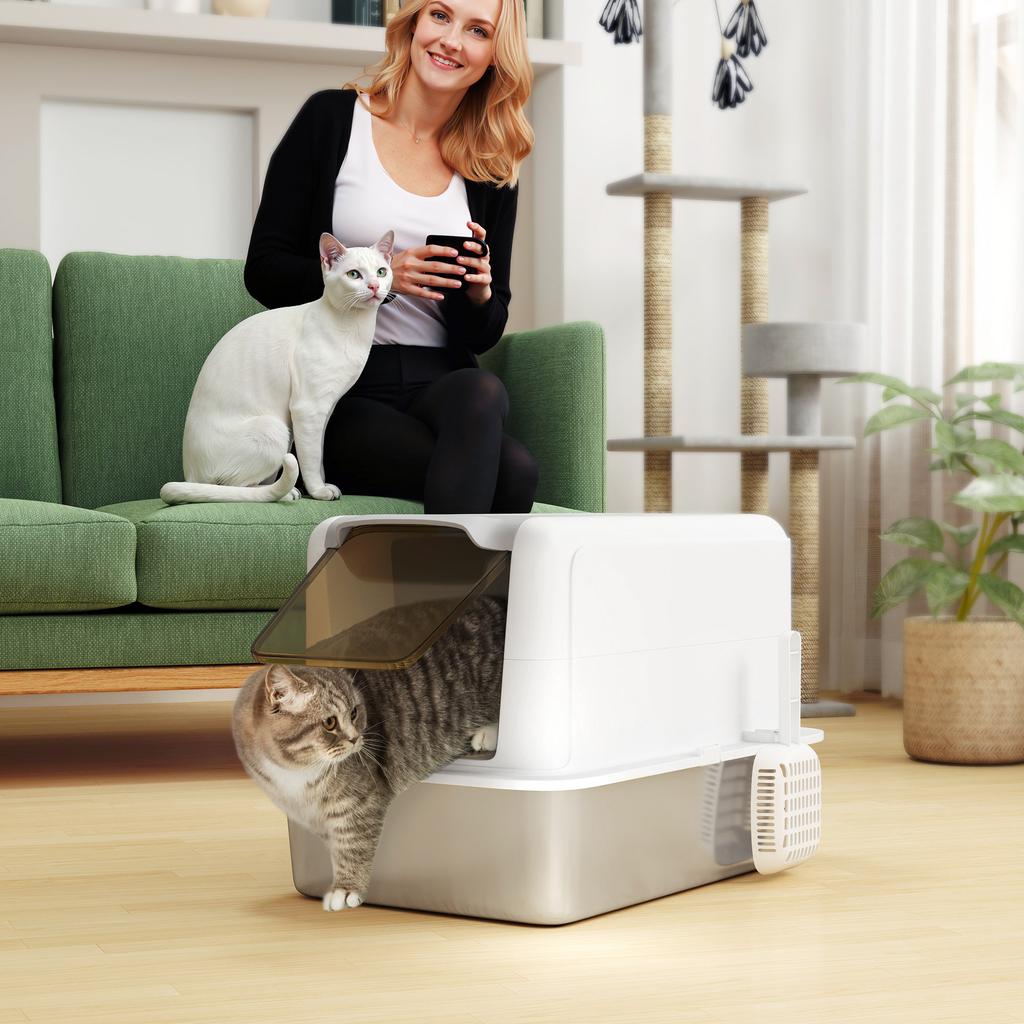 Stainless Steel Cat Litter Box with Removable Lid, Scoop, Filter Bags, for Larger Cats, White