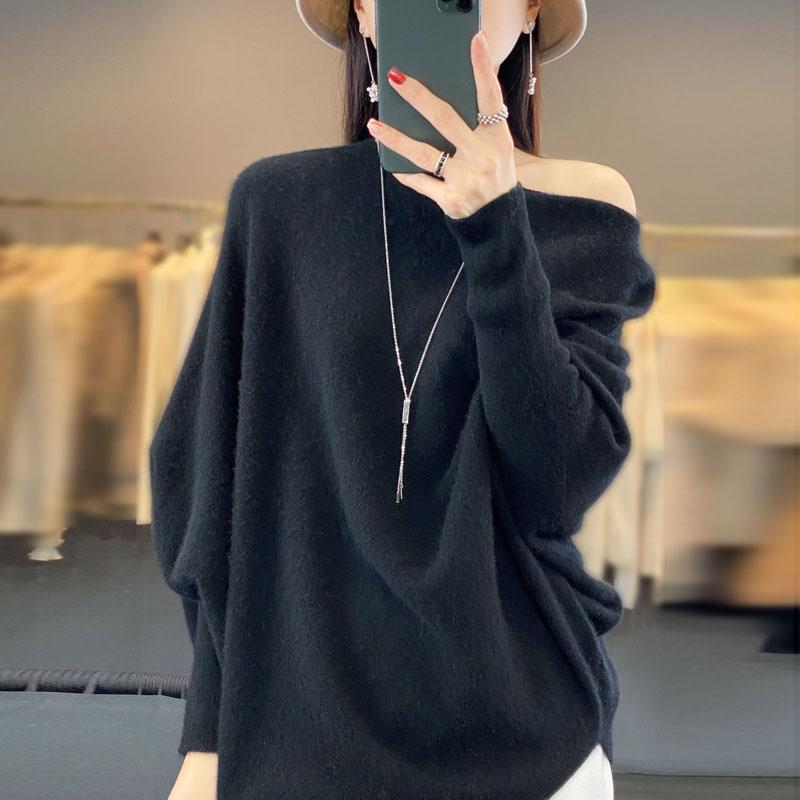 Spring Autumn Women Long Sweater Merino Wool Knitted Sweater Fashion Casual Lady O-NeckPullover Loose Women Bat Shirt