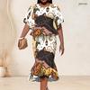 Women Plus Size Round Neck Halloween Printed Batwing Sleeve Ruffle Hem Top Fishtail Skirt Two Piece Set