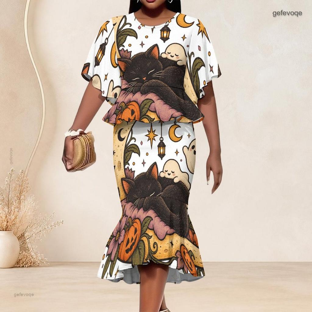 Women Plus Size Round Neck Halloween Printed Batwing Sleeve Ruffle Hem Top Fishtail Skirt Two Piece Set