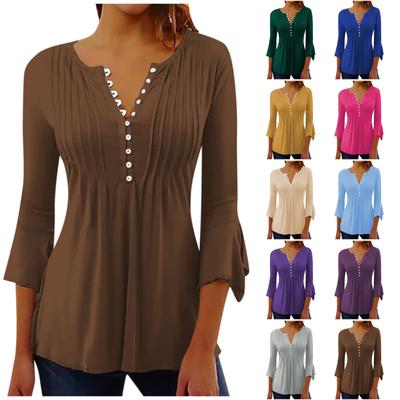 Button Down Top For Women Solid Color  Tops Casual Bell 3/4 Sleeve V Neck  Top