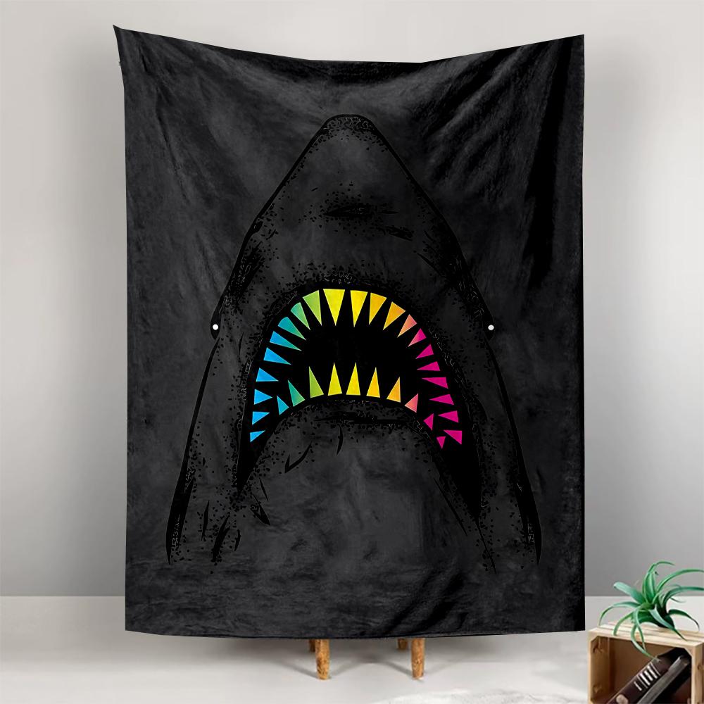Shark Graphic Design Black Background Rainbow Teeth Patterned Tapestry for Bedroom and Living Room Home Decor