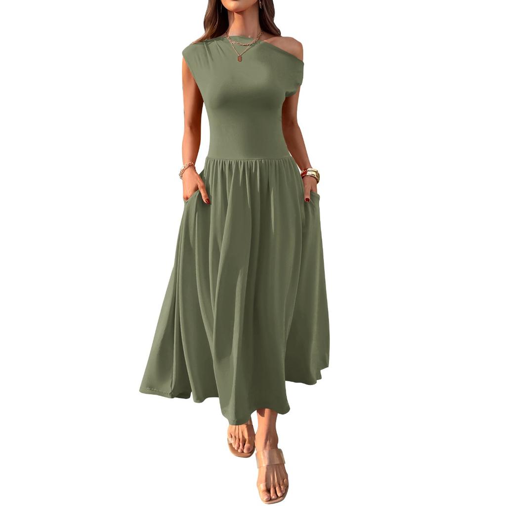 Women's Asymmetric Neck Sleeveless Maxi Dress Slim Fit Elastic Waist Casual Pocket Long Dress